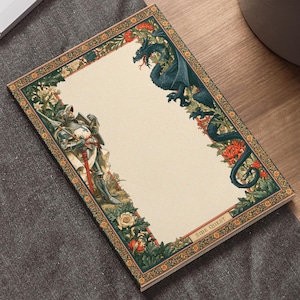 May include: A rectangular notepad featuring a cream-colored center framed by a decorative border of green foliage, red flowers, a blue dragon, and a knight in silver armor. The text "SIDE QUEST" is printed in a small box at the bottom right.