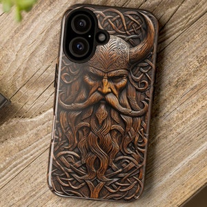 Wikinger Handyhülle | Geschnitzte Holz Effekt nordische Mythologie Tough Case Design für iPhone 16, Google Pixel & Samsung Galaxy (kein Holz)