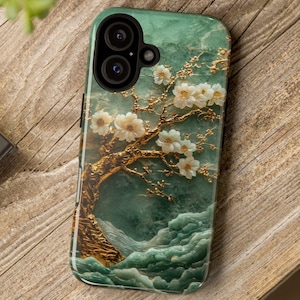 Asian Phone Case | Elegant Green Carved Jade Gold Tree White Blossom Tough Case Design for iPhone 16, Google Pixel & Samsung Galaxy