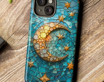 Celestial-telefoonhoesje | Stijlvol hoesje met juwelen en maansterren, glas-in-loodeffect, stoer hoesje voor iPhone 16, Google Pixel en Samsung Galaxy