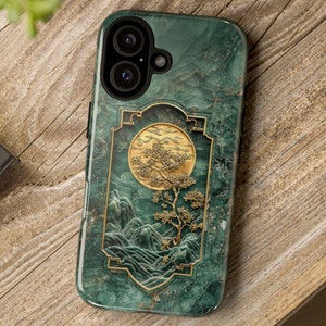 Funda asiática para teléfono / Diseño resistente de jade con incrustaciones de árbol dorado y luna para iPhone 16, Google Pixel y Samsung Galaxy