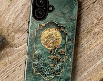 Asian Phone Case | Gold Tree and Moon Inlay Jade Tough Case Design, iPhone 16, Google Pixel & Samsung Galaxy