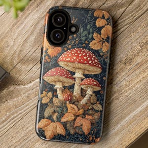 Embroidered Mushroom Phone Case | Autumn Forest Mushrooms Pattern Tough Case Design for iPhone 16 , Google Pixel & Samsung Galaxy