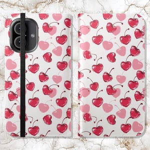 Cartera para teléfono Cherry / Funda tipo libro de piel sintética con diseño de corazón Cherry Love, para iPhone 16, 15, 14, 13, 12, 11 y Samsung Galaxy S22, S21
