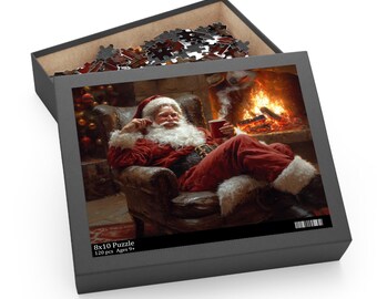 May include: A 120-piece puzzle in a black box, featuring an image of Santa Claus relaxing by a fireplace. The image shows Santa in his red suit, holding a mug. The box is labeled "8x10 Puzzle" and "Ages 9+".
