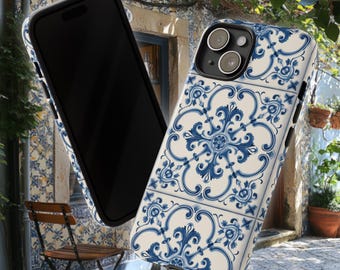Funda para teléfono Azulejo / Elegante funda resistente con diseño decorativo mediterráneo de azulejos azules portugueses para iPhone 16, Google Pixel y Samsung Galaxy