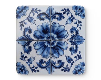 Azulejo Coaster | Portugese Tile Mediterranean Corkwood Coaster Set Elegant Design for Home Decor