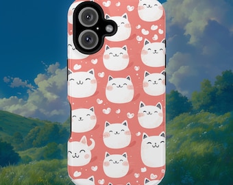 Kawaii Kitty iPhone Hülle | Rosa Pastell Kawaii Katze Muster MagSafe Tough Case Design für iPhone 16, 15, 14 13.