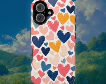 ハートの iPhone ケース | ラブハートのかわいい柄 MagSafe タフケースデザイン、iPhone 16、15、14、13 用。