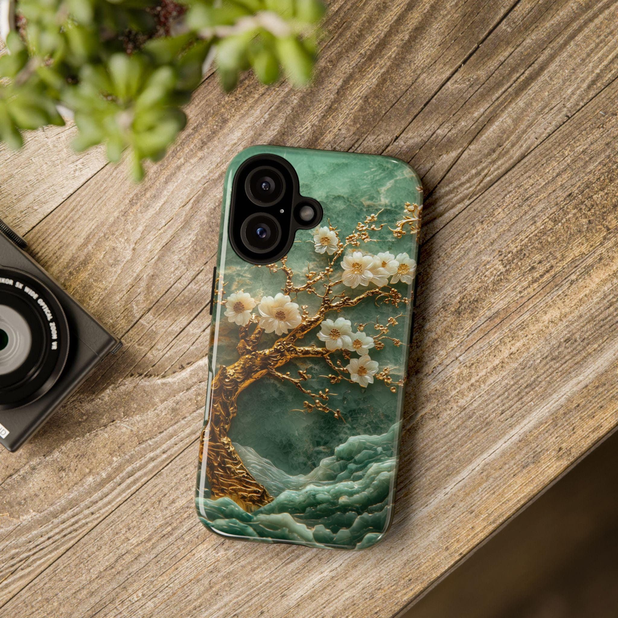 Asian Phone Case | Elegant Green Carved Jade Gold Tree White Blossom Tough Case Design for iPhone 16, Google Pixel & Samsung Galaxy