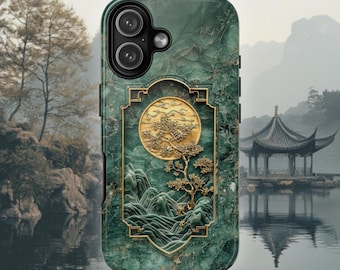 Asian Phone Case | Gold Tree and Moon Inlay Jade Tough Case Design, iPhone 17, Google Pixel & Samsung Galaxy