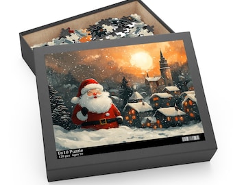 May include: A Christmas-themed puzzle in a black box. The puzzle image features Santa Claus in a red suit and hat, standing in a snowy village scene. The box is labeled "8x10 Puzzle" and "120 pcs Ages 9+".