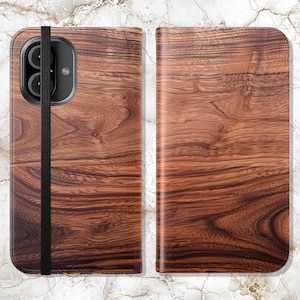 Houten telefoonportemonnee | Flipcase van imitatieleer met houteffect, iPhone 16, 15, 14, 13, 12, 11 en Samsung Galaxy S22, S21.