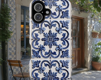 Azulejo Tile iPhone Case | Stylish Portuguese Porcelain Mediterranean Decorative MagSafe Tough Case Design for Apple iPhone 16, 15, 14 13.