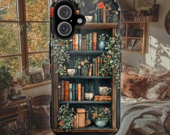 Custodia Bookish per iPhone / Adorabile custodia Cottagecore Vintage Nature Bookshelf, custodia resistente MagSafe Book Lover Design per modelli iPhone 16, 15, 14, 13.