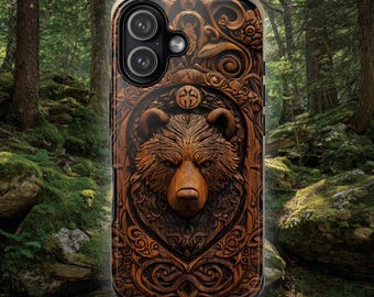 Wood Phone Case | Carved Wood Effect Bear Tough Case Design for iPhone 16, Google Pixel & Samsung Galaxy (not actual Wood)