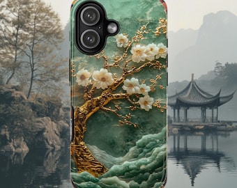 Asian Phone Case | Elegant Green Carved Jade Gold Tree White Blossom Tough Case Design for iPhone 17, Google Pixel & Samsung Galaxy