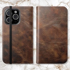 Cartera de cuero para teléfono / Funda tipo libro con estampado de piel sintética, para iPhone 16, 15, 14, 13, 12, 11 y Samsung Galaxy S22, S21.