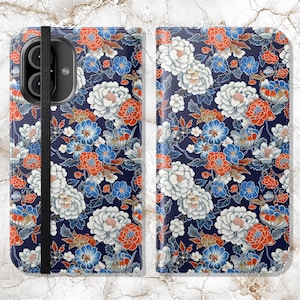 Japanese Phone Wallet | Asian Chiyogami Pattern Faux Leather Folio Flip Case, iPhone 16, 15, 14, 13, 12, 11 and Samsung Galaxy S22, S21