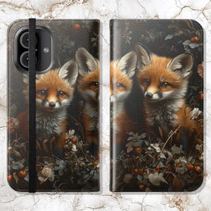 Cartera para teléfono Fox / Funda tipo libro de piel sintética con diseño de zorros rojos y flores, para iPhone 16, 15, 14, 13, 12, 11 y Samsung Galaxy S22, S21