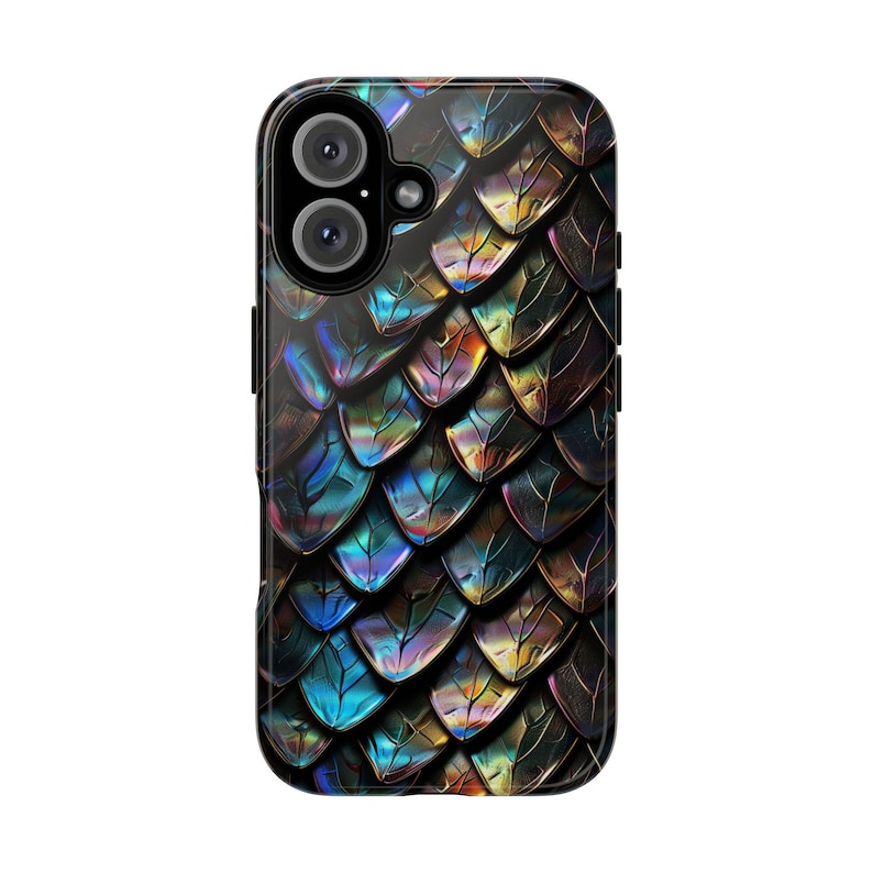 May include: A rectangular smartphone case featuring a repeating pattern of iridescent, overlapping scales in shades of deep blue, metallic gold, and dark purple. The design covers the entire back surface, including the camera lens cutout area.