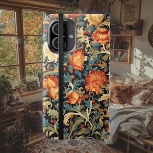 Cartera para teléfono con diseño floral / Funda tipo libro de piel sintética con diseño de Cottagecore Arts and Crafts para iPhone 16, 15, 14, 13, 12, 11 y Samsung Galaxy S22, S21