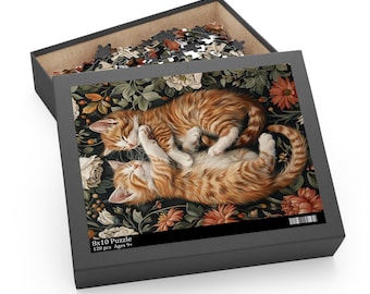May include: A 120-piece jigsaw puzzle featuring two orange tabby kittens sleeping in a bed of colorful flowers. The puzzle box is black with the text "8x10 Puzzle 120 pcs Ages 9+"