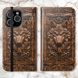 Cartera para teléfono con diseño de lobo / Funda tipo libro de piel sintética con diseño de lobo y efecto madera tallada, para iPhone 16, 15, 14, 13, 12, 11 y Samsung Galaxy S22, S21