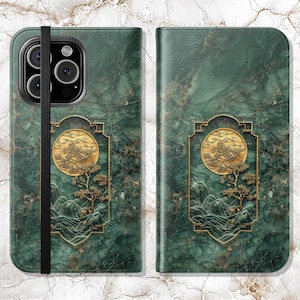 Cartera para teléfono asiática / Funda tipo libro de piel sintética con diseño de árbol dorado y jade lunar, para iPhone 16, 15, 14, 13, 12, 11 y Samsung Galaxy S22, S21