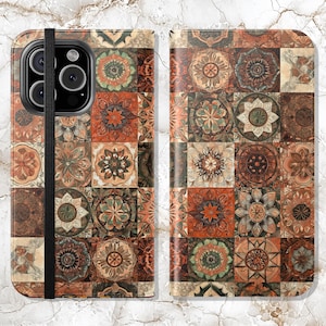Cartera para teléfono boho / Funda tipo libro de piel sintética con diseño de mandala boho, para iPhone 16, 15, 14, 13, 12, 11 y Samsung Galaxy S22, S21.