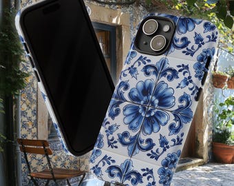 Funda para teléfono Azulejo / Diseño resistente de azulejos florales azules mediterráneos para iPhone 16, Google Pixel y Samsung Galaxy