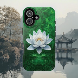 White Lotus iPhone Case | Asian Nymphaea Lotus Flower Beautiful Green Thai Pattern, MagSafe Tough Case Design for iPhone 16, 15, 14 13.