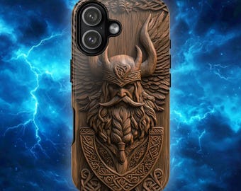 Thor Phone Case | Viking Norse Mythology Carved Wood Effect Tough Case Design for iPhone 17, Google Pixel & Samsung Galaxy (not actual Wood)
