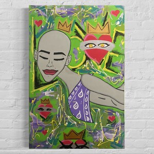 May include: A colorful abstract painting with a bald woman wearing a purple bandana. The background is green with yellow and white accents. There are several hearts and crowns throughout the painting.