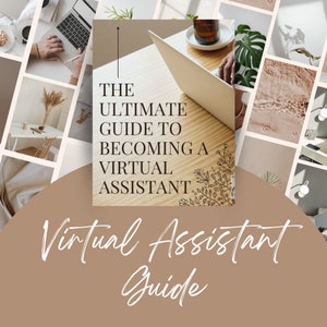 Op de afbeelding: Een digitale gids met de titel "The Ultimate Guide to Becoming a Virtual Assistant" met een laptop en een kop koffie op een houten tafel. De tekst "Virtual Assistant Guide" is geschreven in wit cursief op een bruine achtergrond.