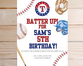 Invitación de cumpleaños de los Texas Rangers: Fiesta de béisbol infantil editable (descarga digital)
