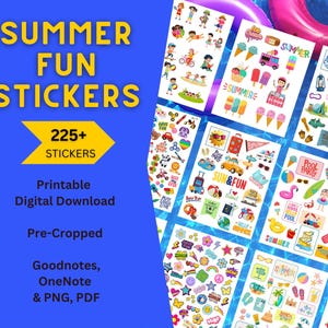 Adesivos digitais, folhas de adesivos infantis, folhas de adesivos para diversão de verão, adesivos pré-cortados, adesivos para piscina de praia, para impressão, PNG, PDF, Goodnotes