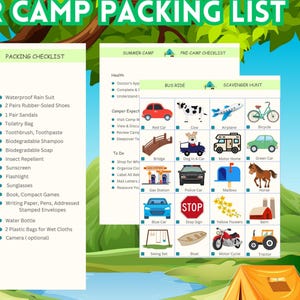 Camp-Packliste, bearbeitbar, druckbar, Sommercamp-Checkliste, Packliste, Packliste, PDF-Packlisten, Nachtlagerlisten