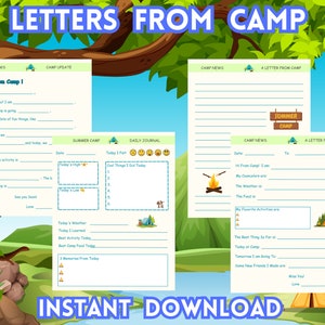 Cartas imprimibles del campamento, notas para campamentos de verano, campamentos de verano para niños, papelería para campamentos, notas digitales en PDF, postales para campamentos nocturnos
