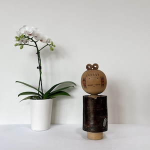 Vintage Japanese Kokeshi Doll with bark **9.5” tall