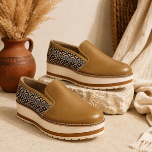 Handmade brown leather platform loafers for women | Boho-ethnic style slip-on shoes with braided fabric