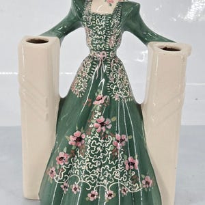 Jarrón/plantilla vintage de cerámica Weil Ware de California, con figura de mujer con dos cuencos, década de 1940.