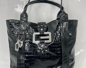 Guess Black Tote Bag Faux Leather Double Handles Travel Bag Handbag Purse P39