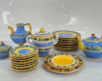 Vintage 50s Italian Majolica Pottery Set - Yellow/Blue 24 Pieces