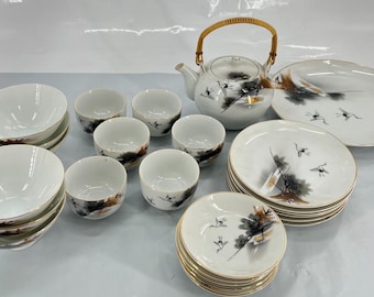 Plato/cuenco poco profundo japonés con diseño de grulla / Platos, tazas con borde dorado vintage, 27 piezas