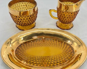 Set of 3 Indiana Glass Amber Diamond Point Gold Trim