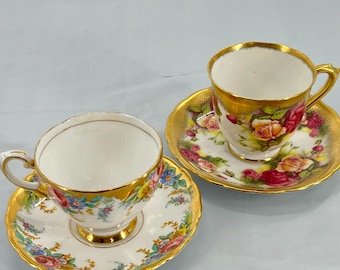 Juego de porcelana fina Royal Chelsea Golden Rose con diseño floral dorado, fabricado en Inglaterra. Juego de 4 piezas.