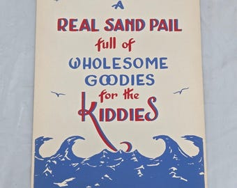 Letrero publicitario antiguo de la tienda de dulces See's de la década de 1950: "Un auténtico cubo de arena".