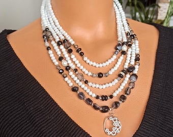 Chunky Necklace, Agate Necklace, Big Bold Gemstone Necklace, White and Black Necklace, Multi Strand Necklace, Beaded Gemstone Necklace,