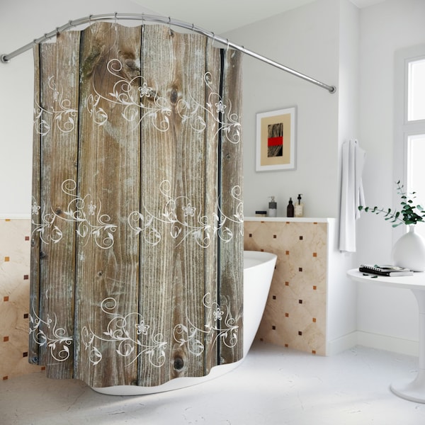 Wood Grain with White Design Shower Curtain | White Floral Shower Curtain Wood Brown Shower Curtain Bathroom Decor Dark Shower Curtain